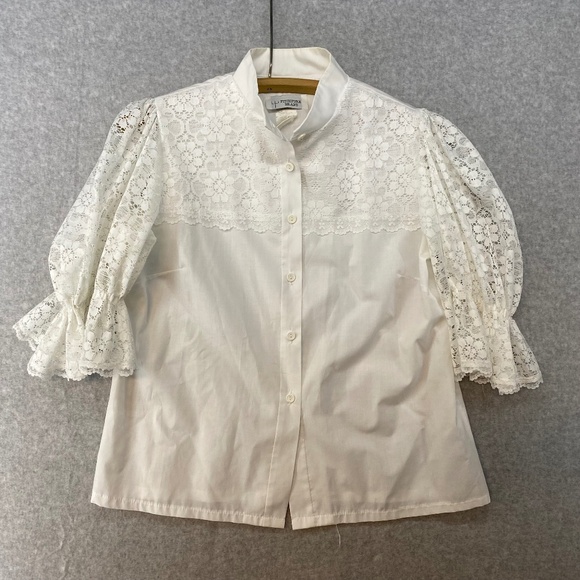 Vintage Pitchfork Brand Medium Squaredancing Blouse White Lace Sleeves Button up - Picture 1 of 5